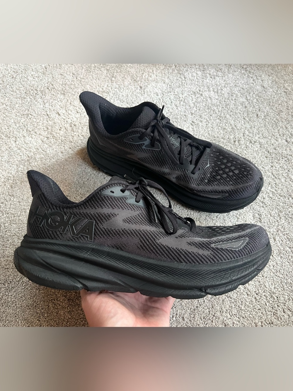 Hoka One One Clifton 9 Mens Running Shoes Size 12 D Triple Black Sneakers